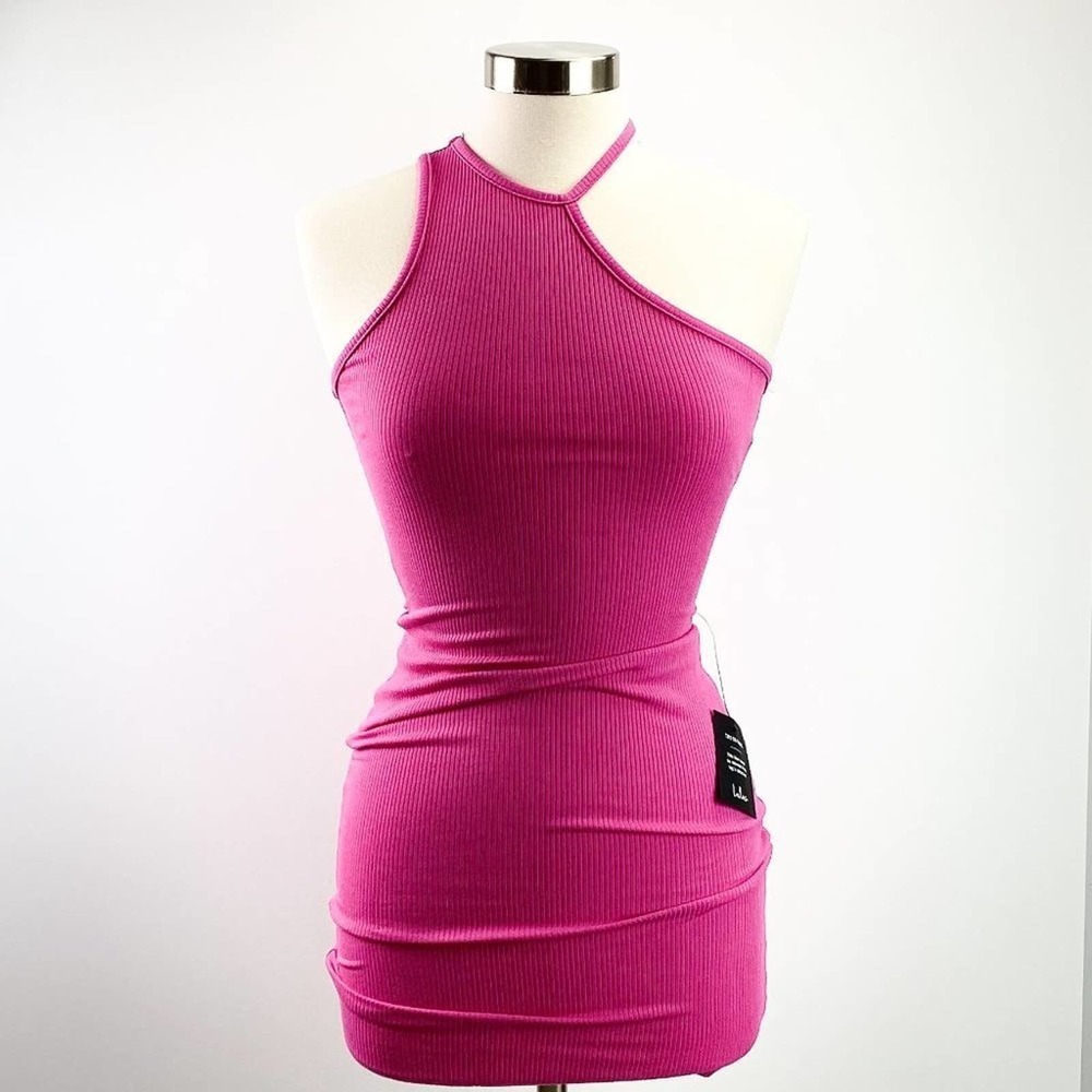 NWT Lulu's Movie Magic Pink Asymmetrical Bodycon Halter Neck Mini Dress Barbie S - Picture 6 of 15